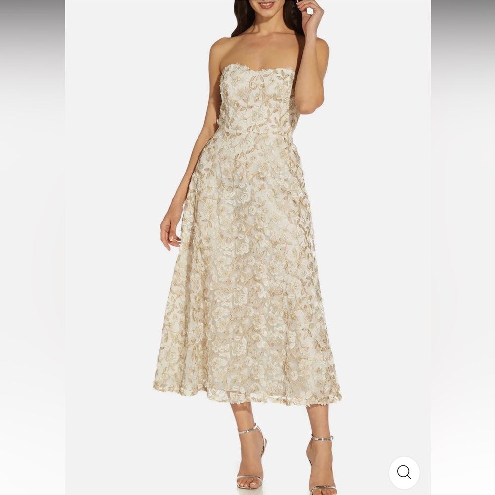 Adrianna Papell Strapless Ivory and Gold Embroidered Midi Dress